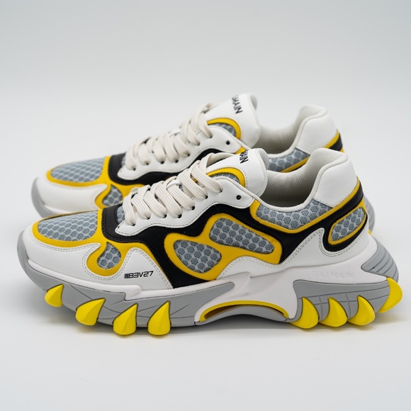 size 43 10 US Balmain B-East White Black Yellow Sneakers Leather Mesh - Picture 4 of 14